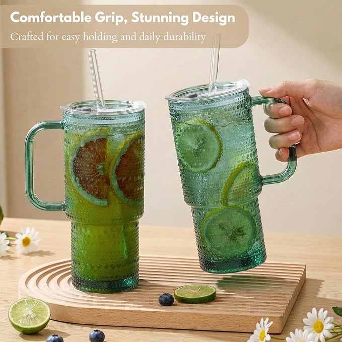 20 oz Green Glass Tumbler with Lid and Straw, Glass Iced Coffee Cups, - Image 8