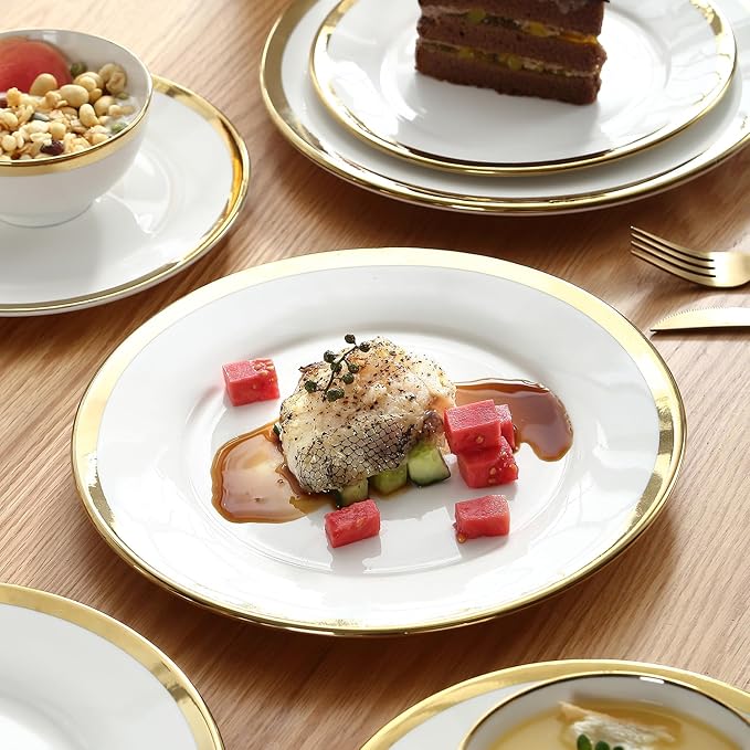 Dinner Plates, Set of 6, 10 inch,White Porcelain with Gold Trim,Appetizer Plates,Ceramic Round Dessert Serving Plates for Bread, Salad, Snack and Finger Food,Elegant Ceramic Dinner Plates