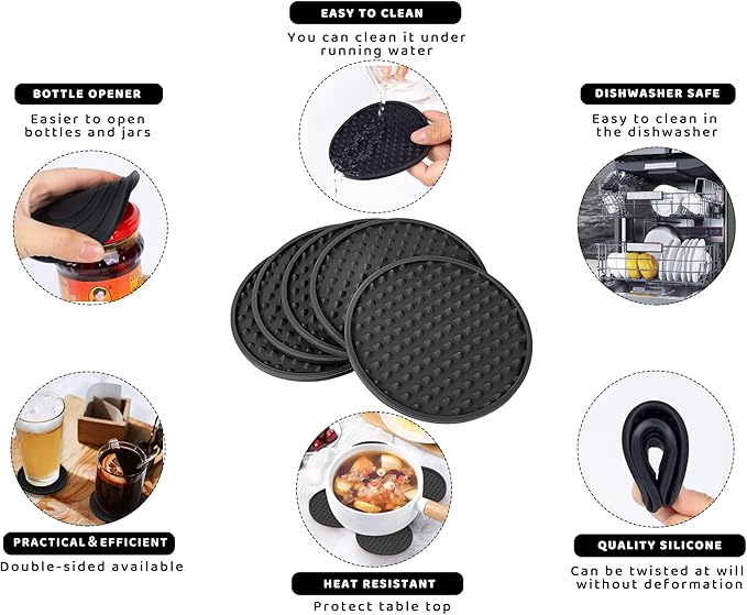 Rubber Coasters Set 6 with Holder, Non-Slip Silicone Drink Coaster Cup Mats | - Image 8
