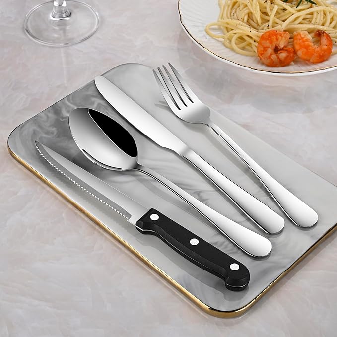 24-Piece Silverware Set with Steak Knives, Flatware Set Service - Image 7