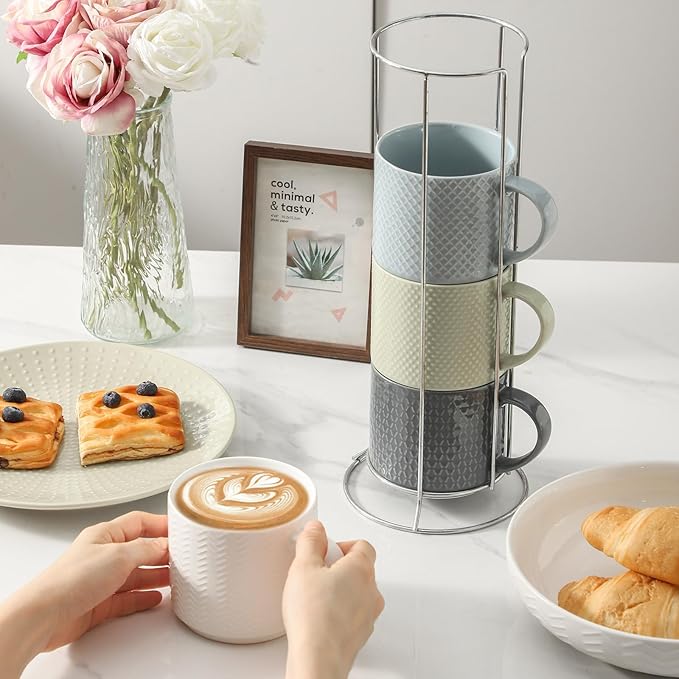 HASENSE Coffee Mugs with Metal Stand, 15 oz Ceramic Stackable Mug Set Embossed - Image 6