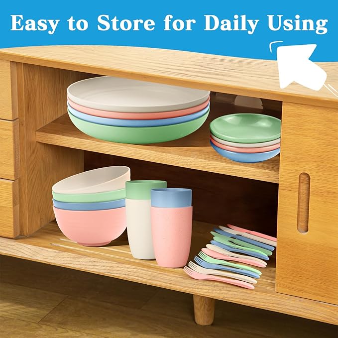 wheat straw bowls, cups and cutlery sets 28 pcs - Image 7