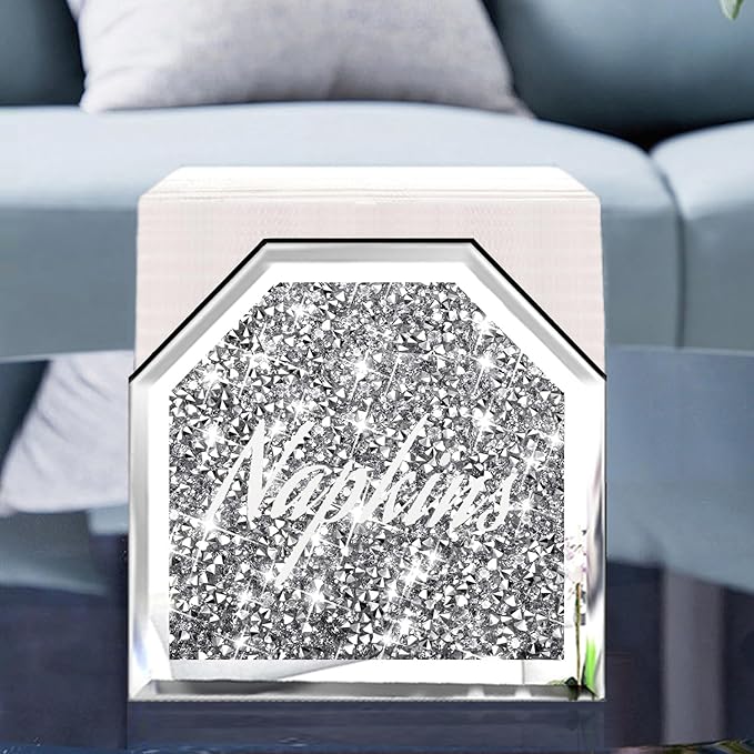 Wocred Mirror Napkin Holder,Crystal Crushed Diamond Vertical Holder,Cute Tissue Holder Holds Napkins Upright for Bathroom,Dining Table,Kitchen Table.(5.9”X5.9”X3”)
