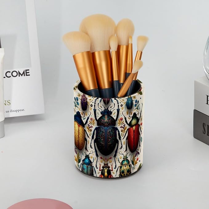 Leather Pen Holder for Desk, Circular Beetle Pencil Cup Pen Organizer Makeup - Image 6