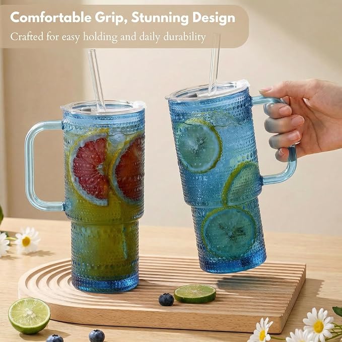 20 oz Blue Glass Tumbler with Lid and Straw, Glass Iced Coffee Cups, - Image 9