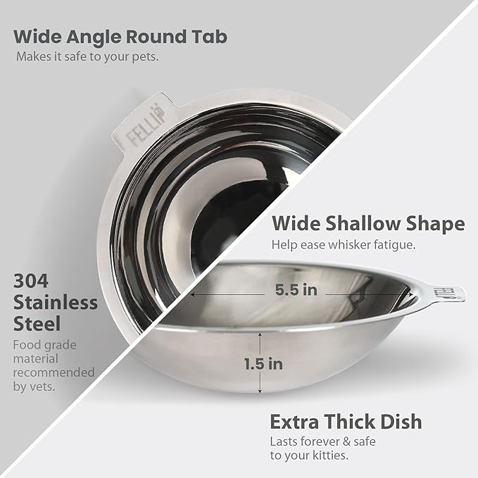 Felli Oblik Elevated Cat Bowl Removable Stainless Steel Wide Dish for Dry Wet Food Feeding & Dishwasher Clean, Slanted Whisker Fatigue Friendly Metal Plate (Smoky, 0.5 Cups Shallow Dish)