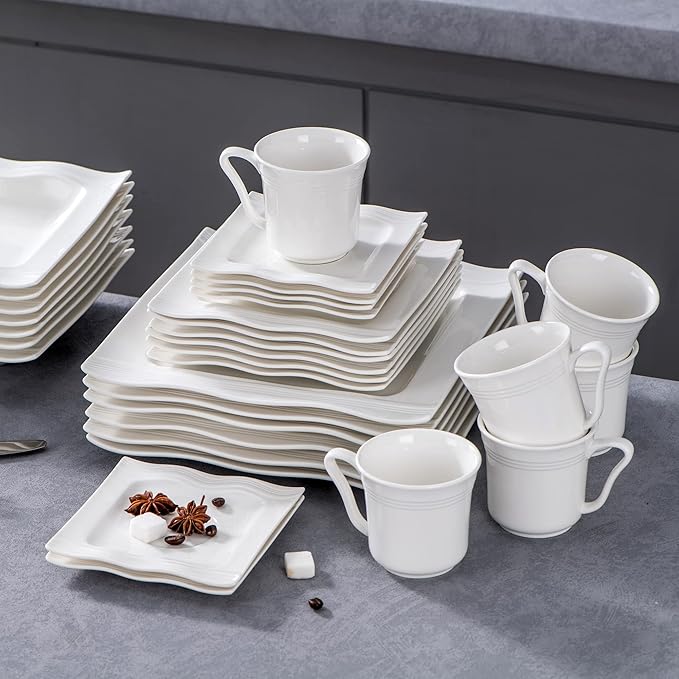 MALACASA 30 Pieces Dinnerware Sets, Modern Ivory White Plates and Bowls Sets - Image 9