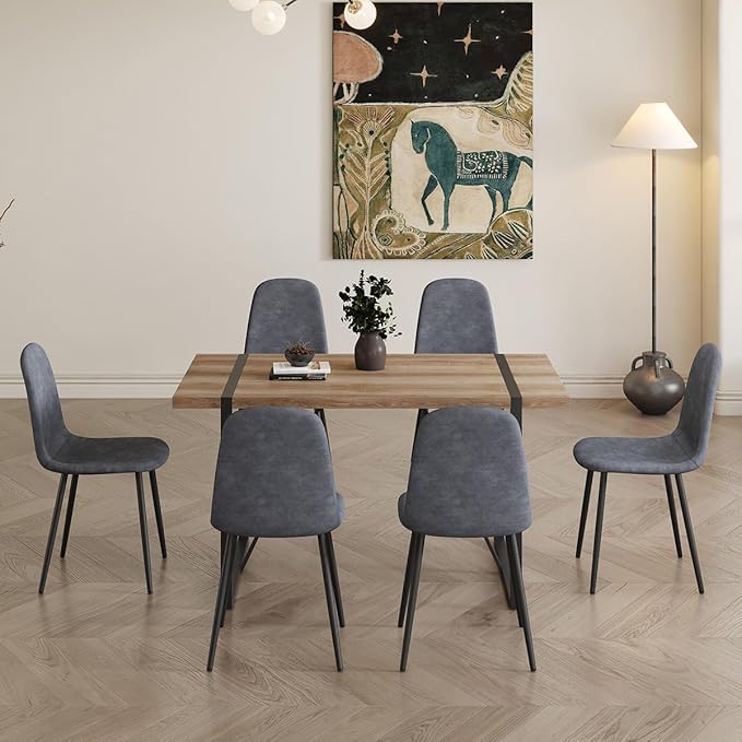 6 Chair Dining Table Set,Dinner Table Set for 6, 55'' Kitchen Table and Suede Nap Fabic Chairs Set of 6, 7 Piece Dining Table Set for Kitchen Dining Room