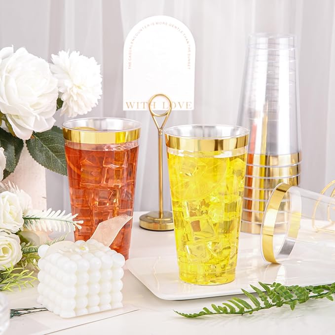I00000 16 oz Gold Plastic Cups, 50 Pack Clear Plastic Cups Tumblers Gold Rimmed - Image 7