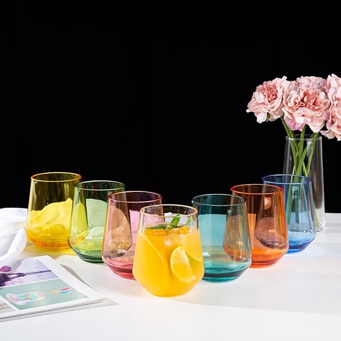 KX-WARE Unbreakable 16-ounce Acrylic Stemless Wine Glasses All Purpose Plastic Tumbler, set of 6 Multicolor Dishwasher Safe BPA Free Classic Style