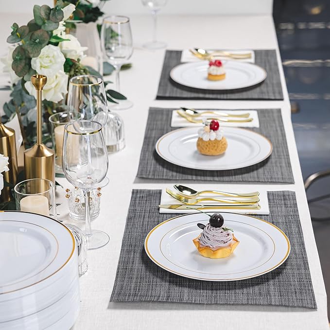 100PCS White & Gold Plastic Plates Disposable, 10.25" Heavy Duty Plates | - Image 7