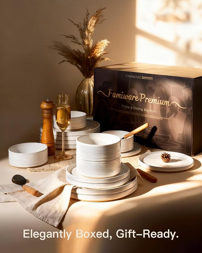 Stoneware Dinnerware Sets for 8, Reactive Glaze Plates and Bowls Set, Chip & - Image 8