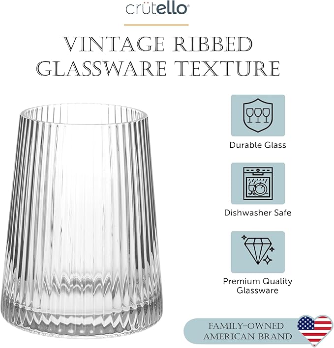 Crutello Modern Wine Glasses 12 oz Stemless, Set of 4, Unique Fluted Glassware with Vintage Ripple Texture, Art Deco Red or White Wine Fancy Glasses