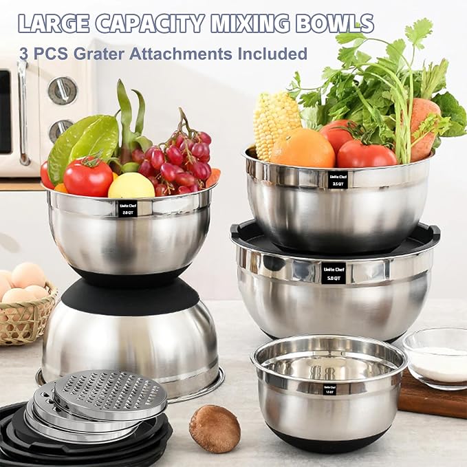 Umite Chef Mixing Bowls with Airtight Lids Set, 3 Grater Attachments & Non-Slip - Image 8