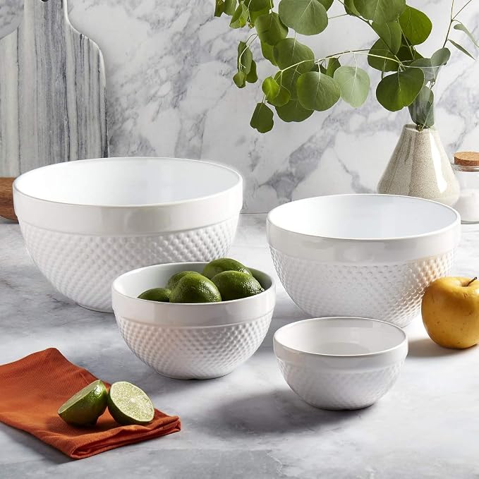 Tabletops Gallery Hobnail Style 4 Piece Classic White Stoneware Nesting Mixing - Image 6