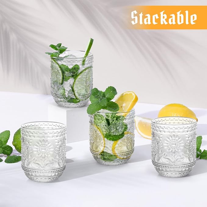 Topsky Vintage Drinking Glass Set of 4, 12 oz Embossed Floral Drinkware Set - Image 8
