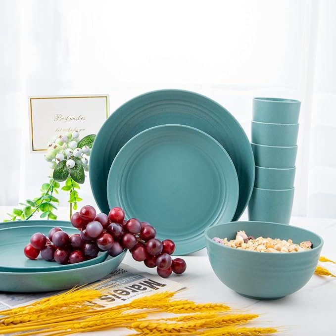 32 Pcs Teal Wheat Straw Dinnerware Set - Image 9