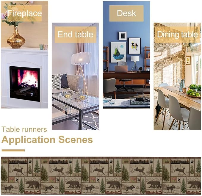 Rustic Moose Deer Bear Table Runner, Retro Vintage Bear Cottage Country Style - Image 7