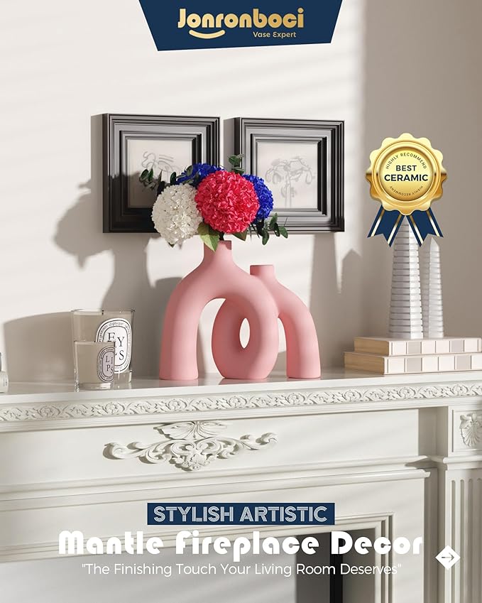 Hug Donut Decorative Vase Set - Light Pink Modern Glam Eclectic Style Vases Home Decor, Matte Ceramic Decorations for Living Room Shelf, Bookshelf Mantle Entryway Table or Console Décor(Pink)