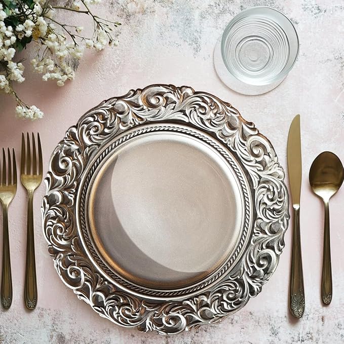 Antique Silver Charger Plates Embossed Rim, 13 Inch Dinner Plate Chargers Round - Image 7