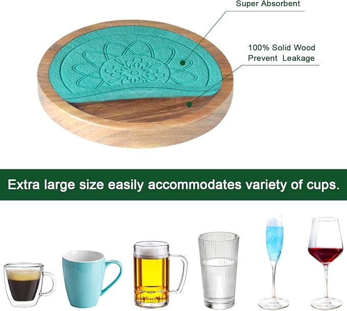 Wood Coasters for Drinks, Minacun Absorbent Coaster Sets of 5, Drinks Coasters - Image 6