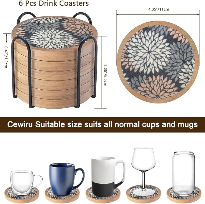 Wood Coasters Set of 6 with Holder, Cewiru Cup Mat - Image 6