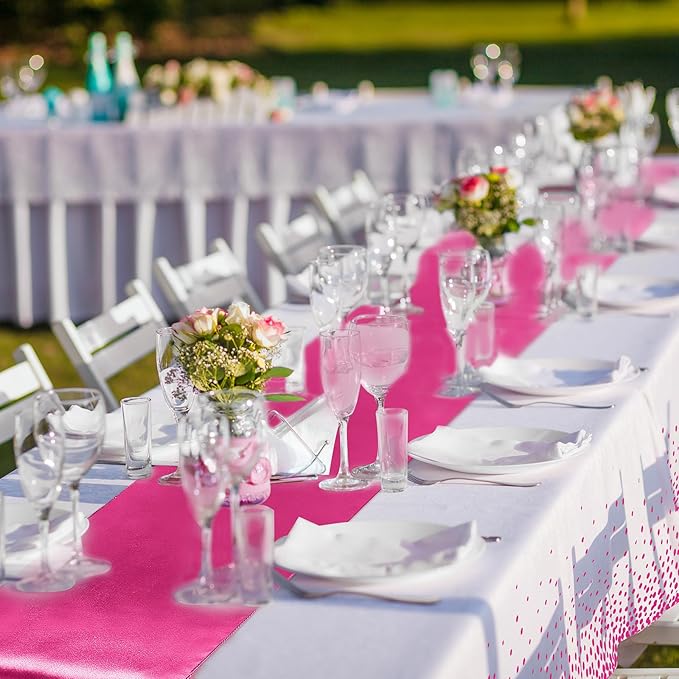 8 Pack White and Hot Pink Disposable Plastic Tablecloths and Satin Table Runner - Image 7