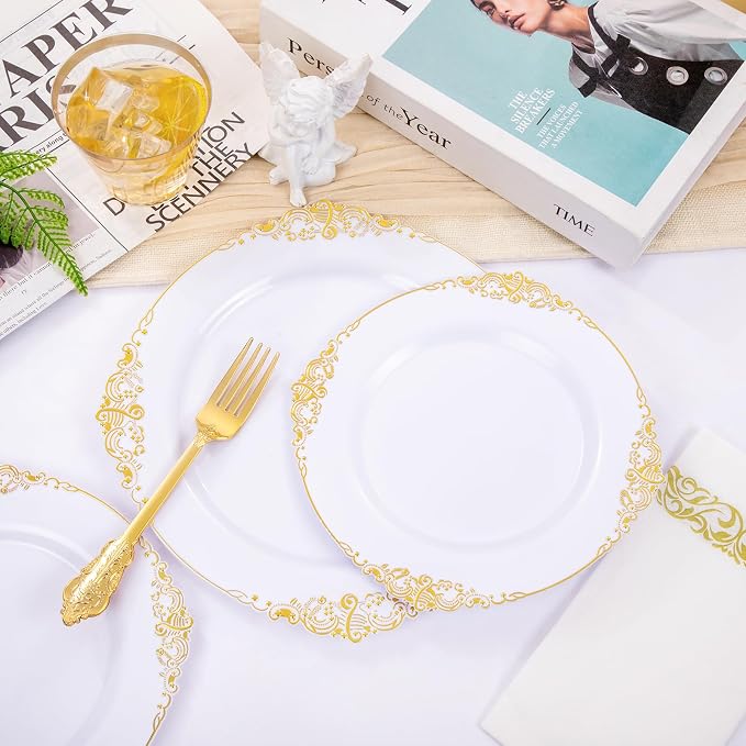 210 Pcs White Gold Plates for Party | White Party Plates Set for 30 Guests - Image 9