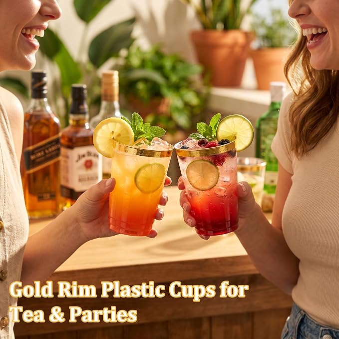 DaYammi 200 Pack Gold Plastic Cups 10 Oz Clear Cup Gold Rimmed Disposable Wine - Image 9