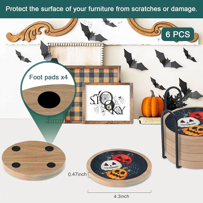 Halloween Coasters Set of 6, Pumpkins Coaster, Minacun Black Absorbent Coasters - Image 6