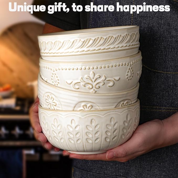 Soup Bowls 32 OZ, Cereal Bowls Set of 4, Embossment Ceramic Ramen Bowl - Image 8