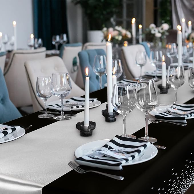 8 Pack Black and Silver Disposable Plastic Tablecloths and Satin Table Runner - Image 6