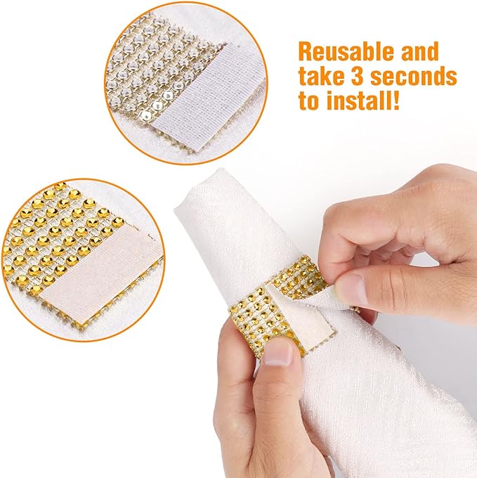 Bling Napkin Rings Set of 150, Rhinestone Gold Napkin Rings Diamond Adornment - Image 5