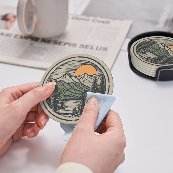 Mountain Sunset Leather Drinks Coasters - Image 7