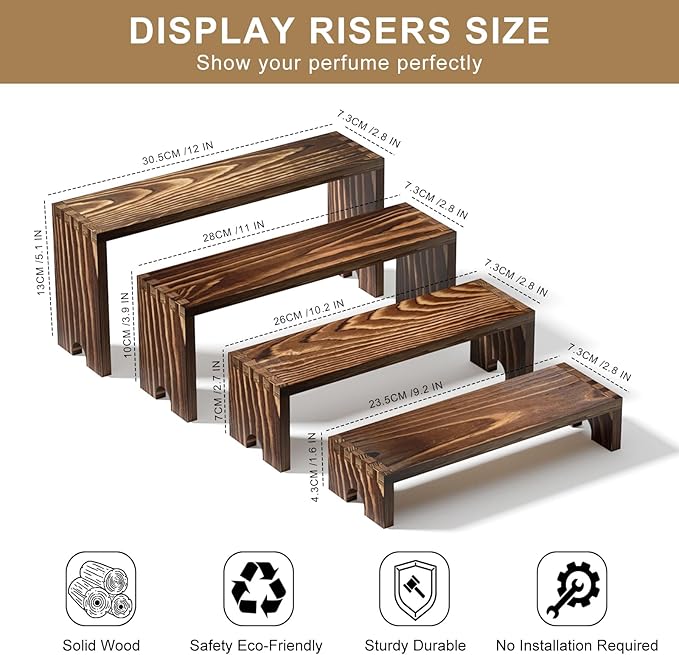 4 Set Large Wooden Tiered Riser Display Stands for Vendor Events,Stackable Perfume Organizer Cologne Stand for Men Women,Wooden Cupcake Dessert Stand,Wood Dessert Table Display Set,Food Display Risers for Party(12-11.2-10.4-9.6IN)