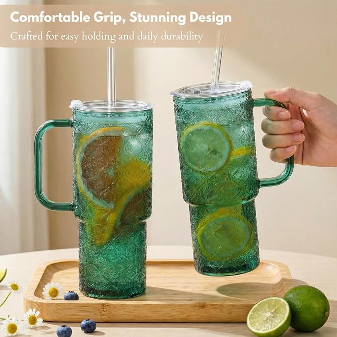20 oz Green Glass Tumbler with Lid and Straw, Glass Iced Coffee Cups, - Image 9