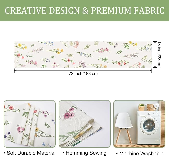 Bonhause Spring Floral Table Runner 13x72 Inch Purple Pink Wildflower Leaves - Image 6