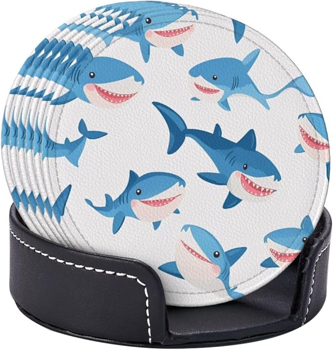 Cartoon Blue Sharks Leather Coasters Set of 6 - Image 9