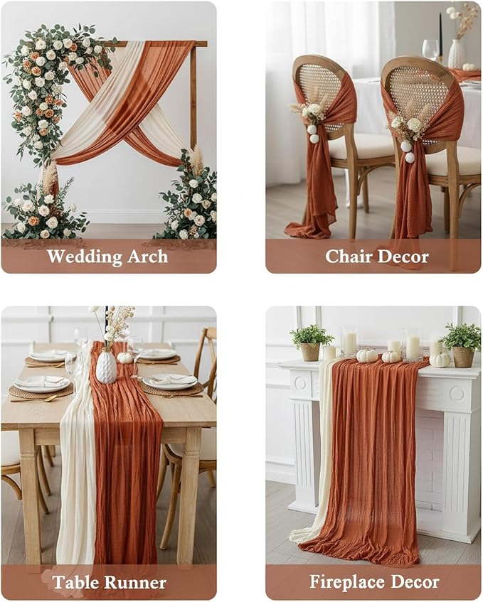 Cheesecloth Table Runner 2 Pack White and Terracotta, Boho Gauze Table Runner - Image 5