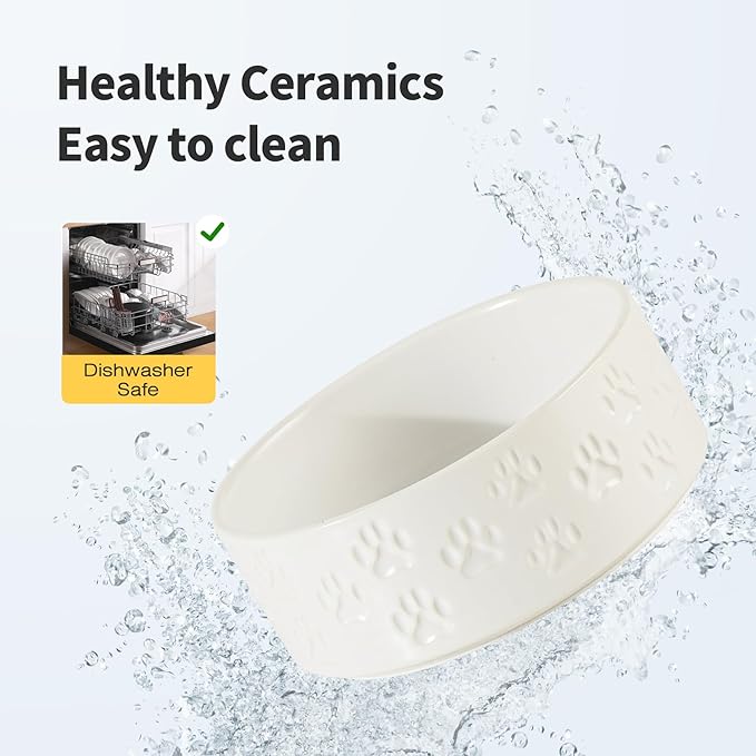 Elevated Ceramic Dog Bowls, 7.3" Dog Dishes with Stand, 5 Cup Elevated Food & Water Bowls for Medium Sized Dogs, Microwave Safe (Double Bowls + Stand - White, 7.3 inch)