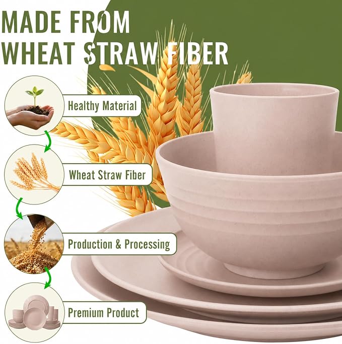 Wheat Straw Dinnerware Sets for 8, 40 Piece Unbreakable Dinnerware Set - Image 9