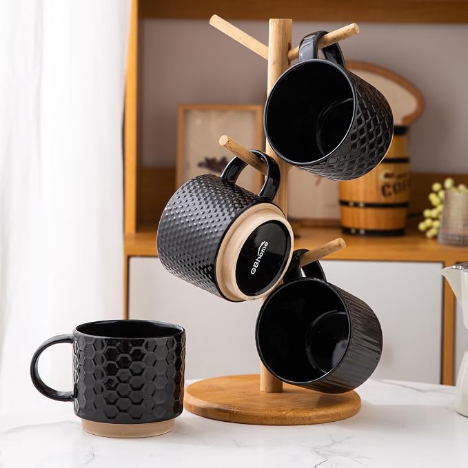 GBhome 12 OZ Stackable Coffee Mugs Set of 4, Ceramic Black Coffee Cups Set | - Image 8