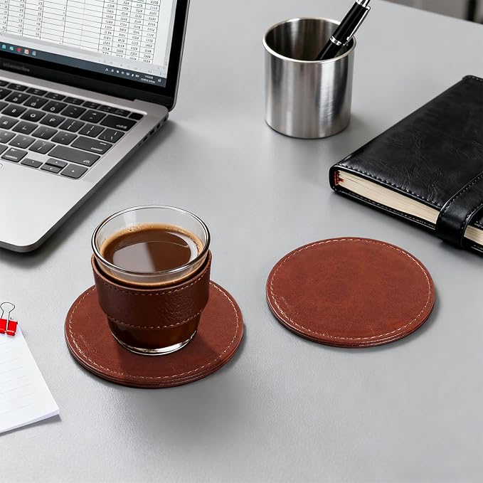 Leather Coasters Set of 6 with Holder, Tabletop Protection, Coffee Table & Bar - Image 9