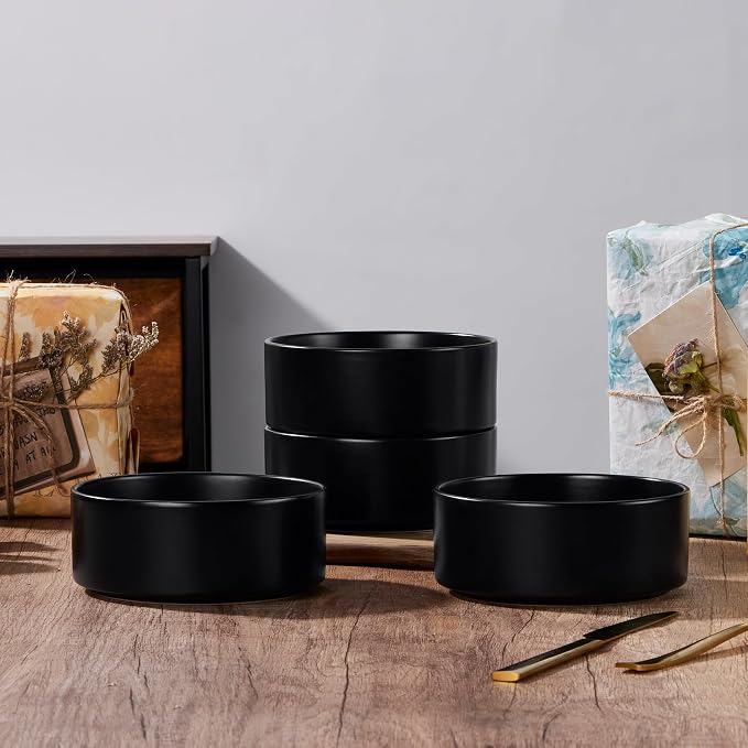 E-far Cereal Bowls Set of 4, 25oz Black Ceramic Deep Soup Bowls - Image 7