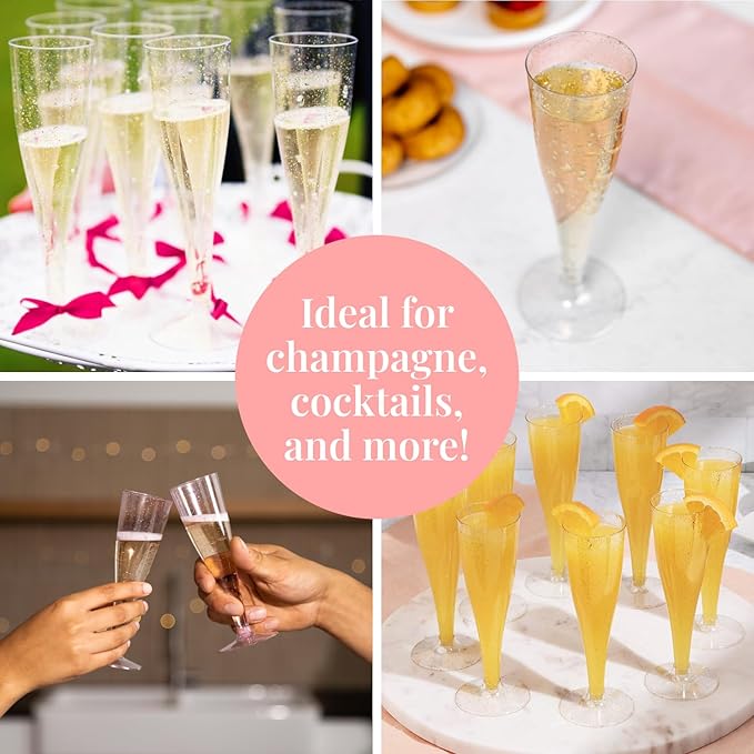 Prestee 200 Disposable Champagne Flutes Gold Glitter Glasses - 4.5 Oz Plastic Champagne Cups for Parties, Wedding Toasts, Mimosa Bar, and New Year’s Eve - Elegant Bulk Gold Plastic Wine Flutes | Disposable, Gold Glitter, Glasses, Champagne Cups, for Pa...