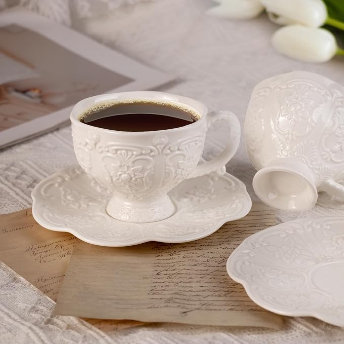 KAMMAK Tea Cups and Saucers Set of 2, 7.8 oz Porcelain Coffee Cups, 565N | - Image 6
