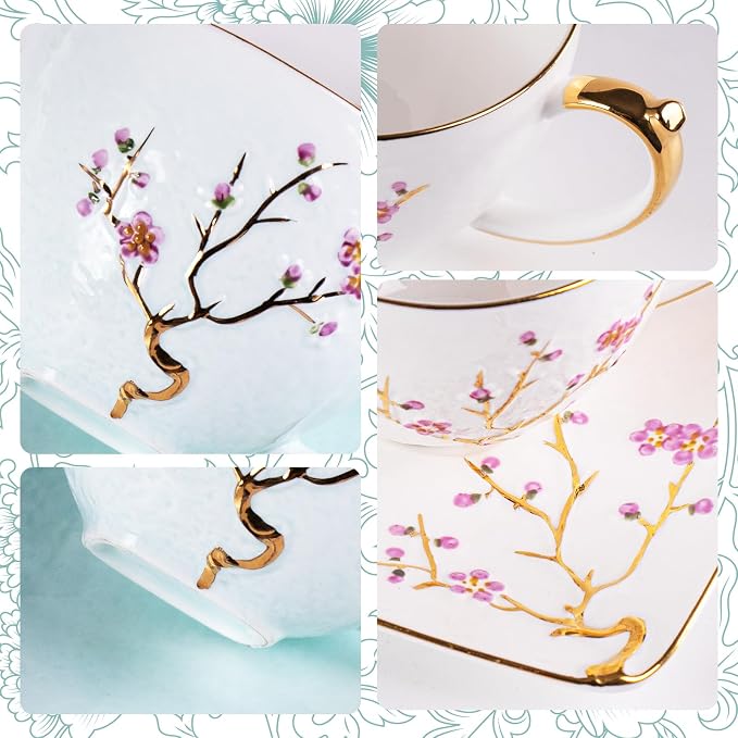 KAMMAK Tea Cups and Saucers Set of 2, Fine Bone China Coffee Cups, GH025 | - Image 8