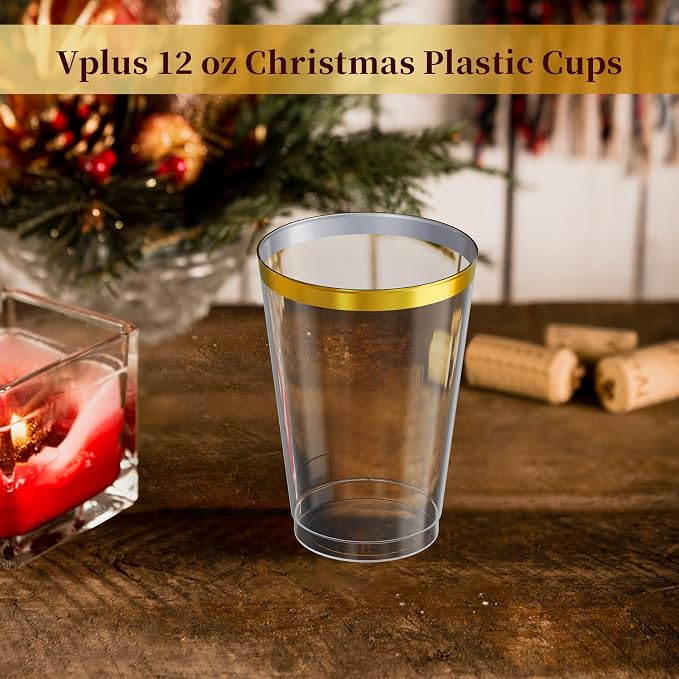 Vplus 150 Pack 12 OZ Gold Rimmed Disposable Plastic Drinking Cups - Image 8