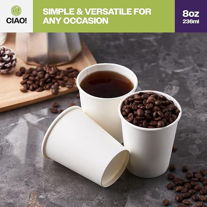 CIAO! 8oz White Paper Hot Cup, Disposable, 80mm Diameter 500 Count - Image 6