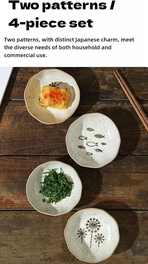 4-Pack Small Ceramic Bowls, (3.5in) Mini Dip Bowls with 2 Fish & 2 Sunflower Designs | Thickened Ramekins for Sauce, Snacks, Ice Cream, Charcuterie | Dishwasher & Oven Safe